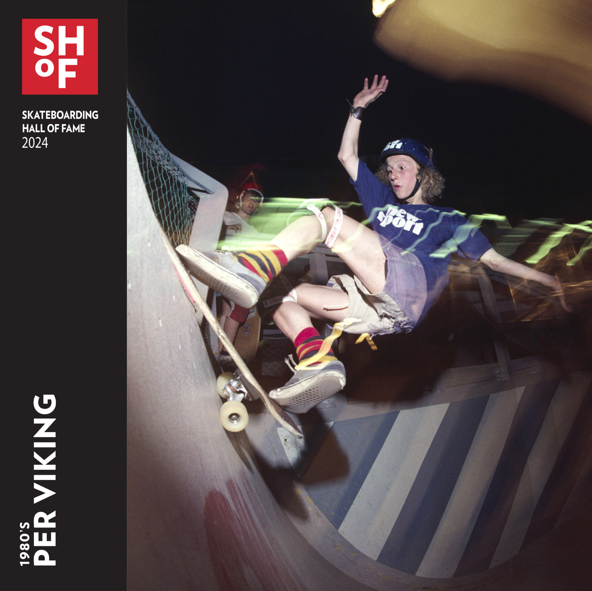A skateboarder in helmet and pads rides up a ramp at night with motion blur. Text: Woodchuck PER VIKING HALL OF FAME SPECIAL EDITION PACKAGE, Skateboarding Hall of Fame 2024, as seen in Skateboarder Magazine.