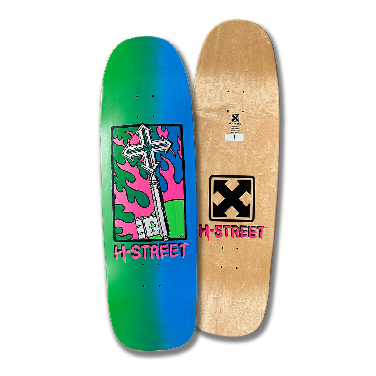 A skateboard deck with a graphic of a cross shaped key with pink flames on a blue and green background with the wording 'H-Street' on the bottom. The top of the deck has wood grain with the H-Street logo in black and pink.