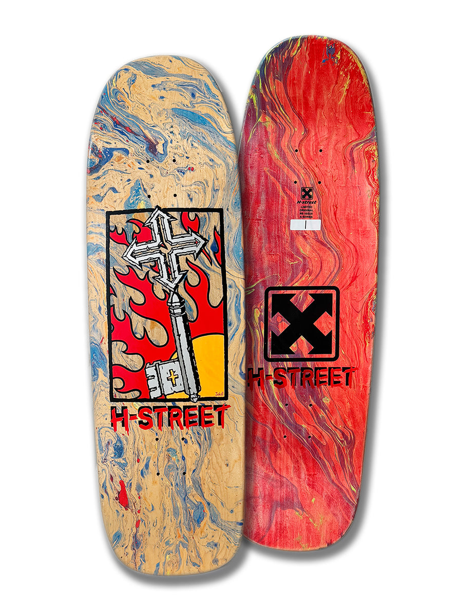 Two Perfect Skateboarding STREET KEY OG A SERIES decks: one beige/blue with a cross and sword above H-STREET, the other red with the H-Street logo. Both feature Street Key Team Model front/back Original Re-Issue designs.