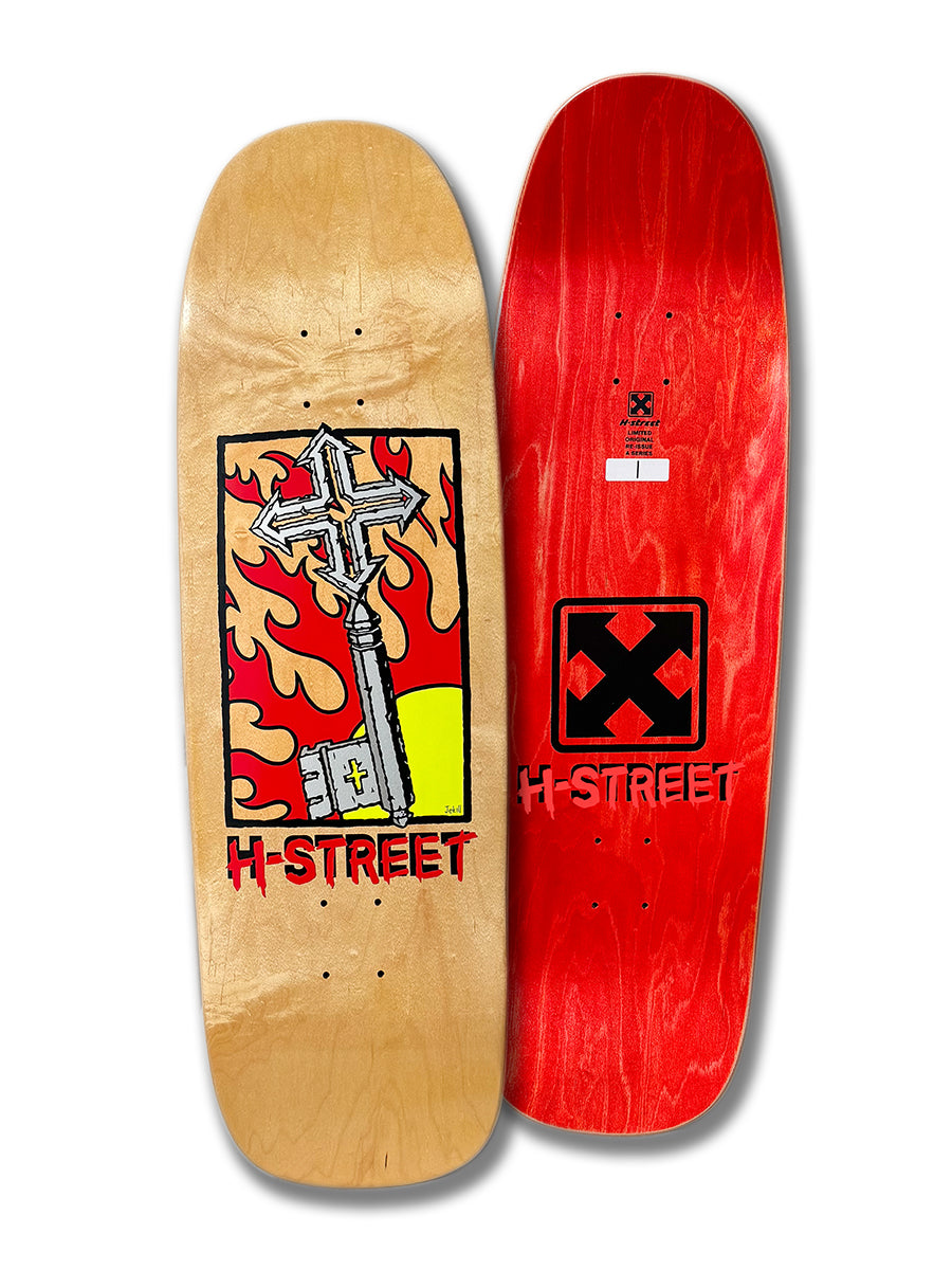 Two skateboard decks: an Original Re-Issue with natural wood finish, flaming cross, and H-STREET text, plus a STREET KEY OG A SERIES by Perfect Skateboarding in red with black square symbol and logo. Both feature rounded edges and bold graphics.