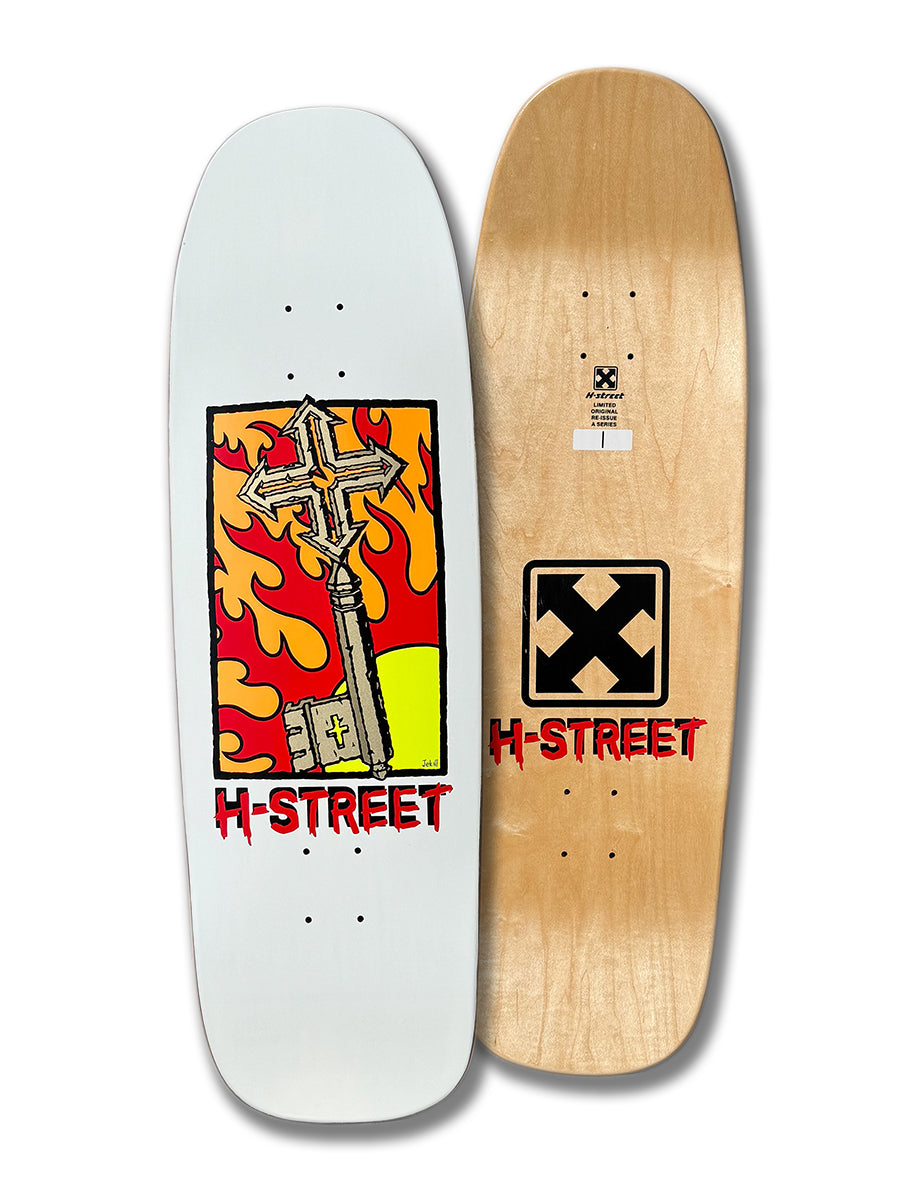 Two STREET KEY OG A SERIES decks by Perfect Skateboarding: a white deck with a flaming cross and H-Street text, and an Original Re-Issue wood deck with a black X logo and H-Street text, shown from the bottom.