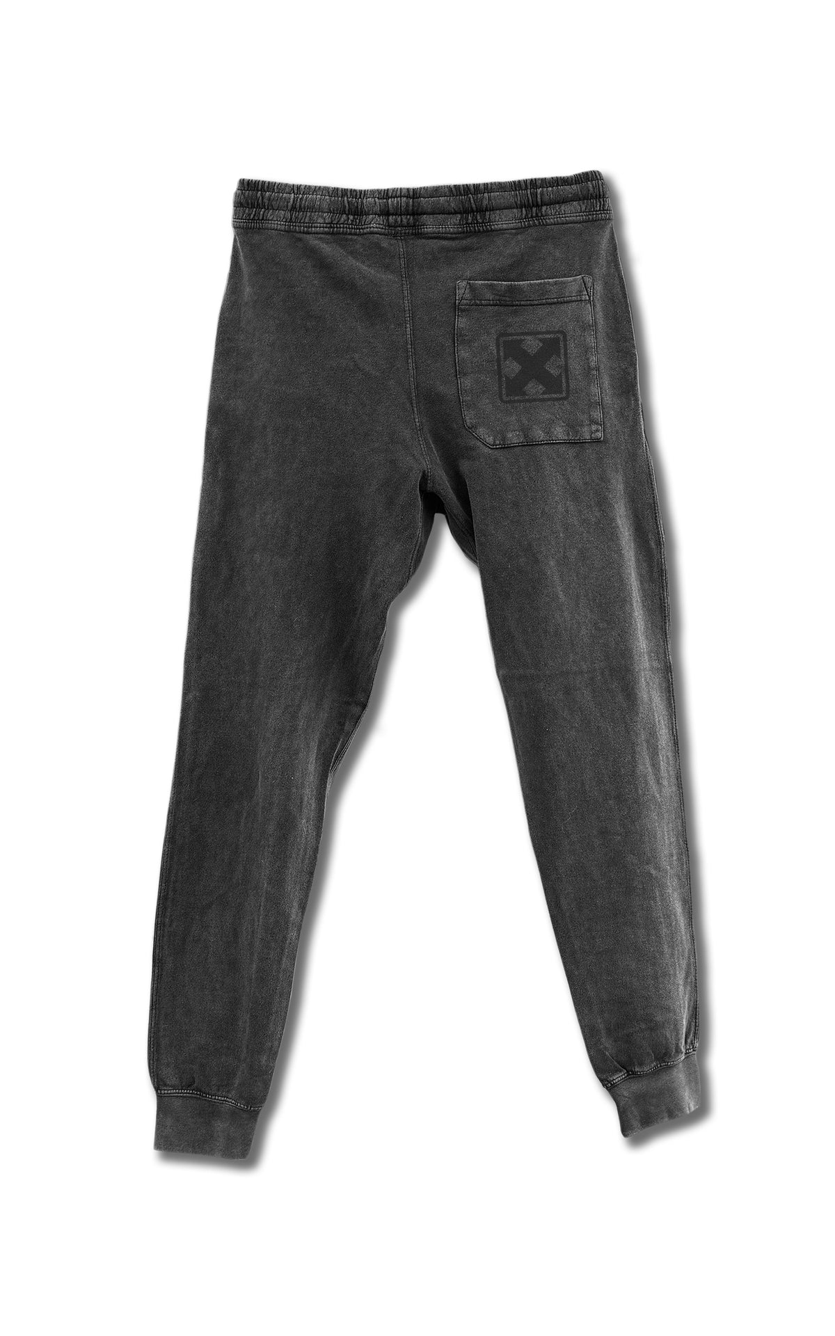 The MARK LOGO VINTAGE WASH SWEATPANTS by MH Printing are black unisex fleece joggers with an elastic waistband, cuffs, and a right back pocket featuring a faded crossed arrow graphic for a vintage look, shown on a white background.