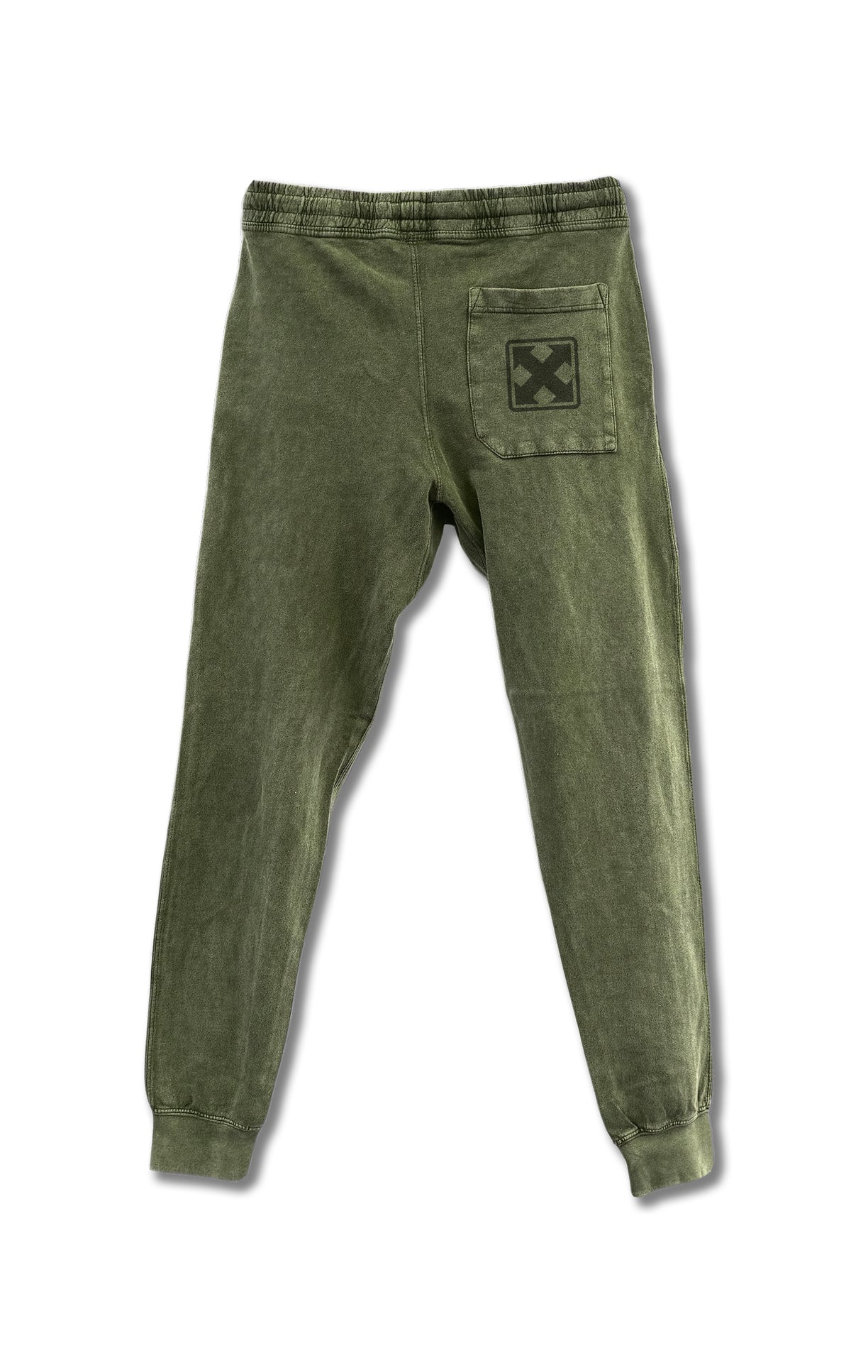 MH Printing’s MARK LOGO VINTAGE WASH SWEATPANTS are olive green unisex joggers with an elastic waistband, ribbed cuffs, a single back pocket, and a black H-Street Logo graphic, shown laid flat on a white background.