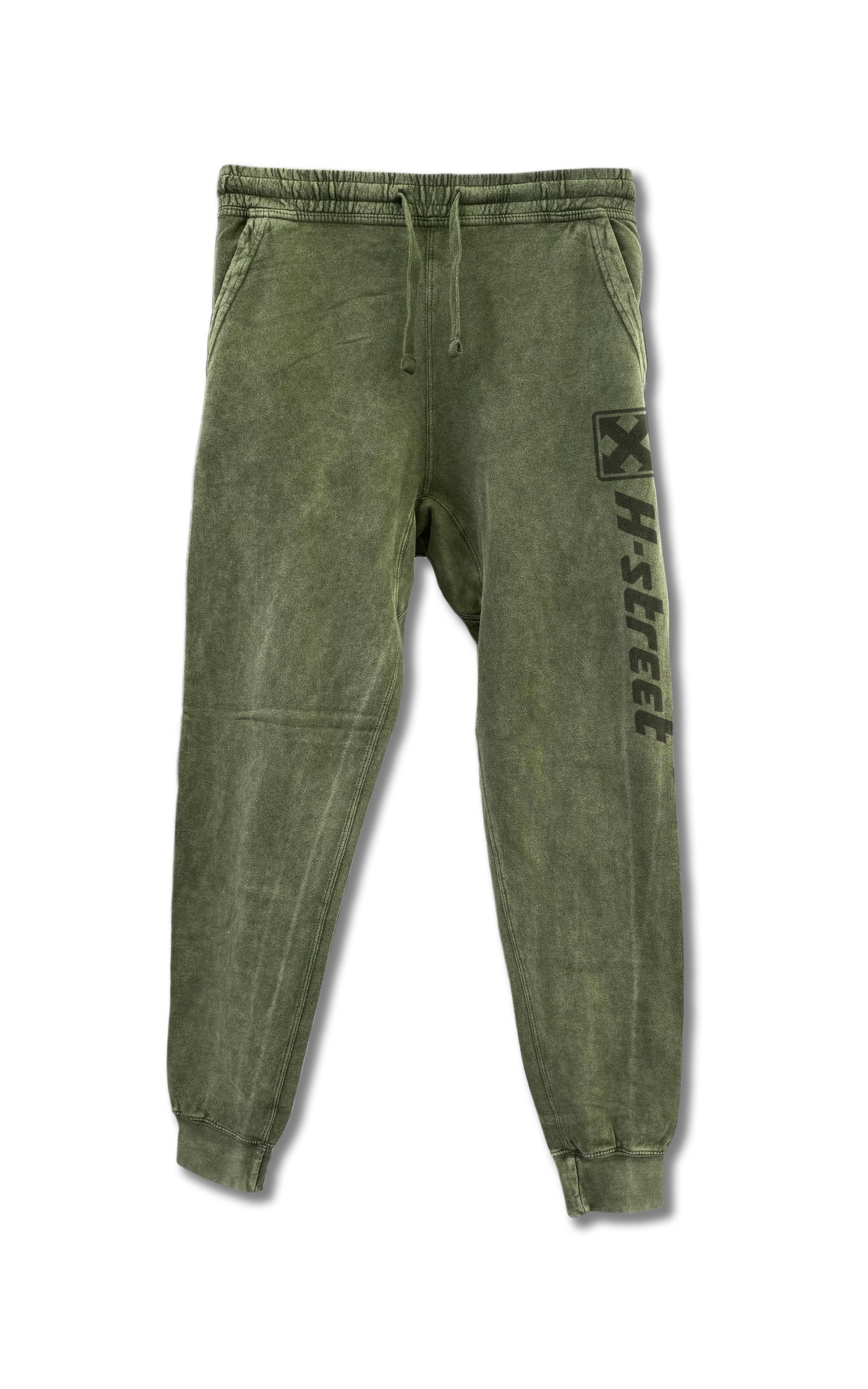 Olive green unisex MARK LOGO VINTAGE WASH SWEATPANTS by MH Printing, featuring an elastic waistband, drawstring, cuffed ankles, and X PS-EFFECT in black on the upper left leg. Displayed against a white background.