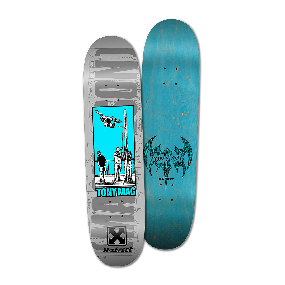 A skateboard deck with a graphic of a person skateboarding doing a trick, with the text 'TONY MAG' on the bottom, and the logo of Tony Mag on the blue top. 
