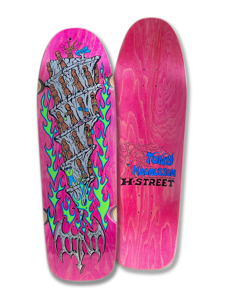 Two pink Perfect Skateboarding decks: one has colorful flames and cartoon people on stairs; the other, the T-MAG GOING TO HELL, features bold blue/red text, a small design on the left, and a signature Hell Concave shape.