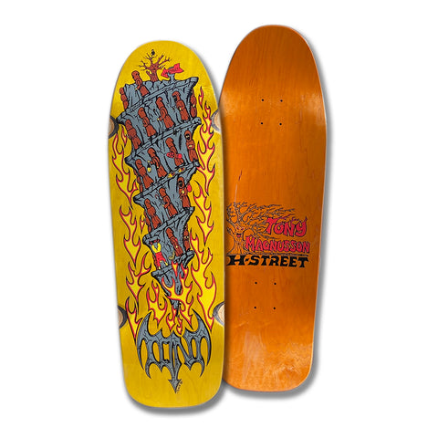 A skateboard deck with a graphic of a hooded people walking towards a skateboarder on the bottom. The top says 'Tony Magusson H-Street' with a tree design.