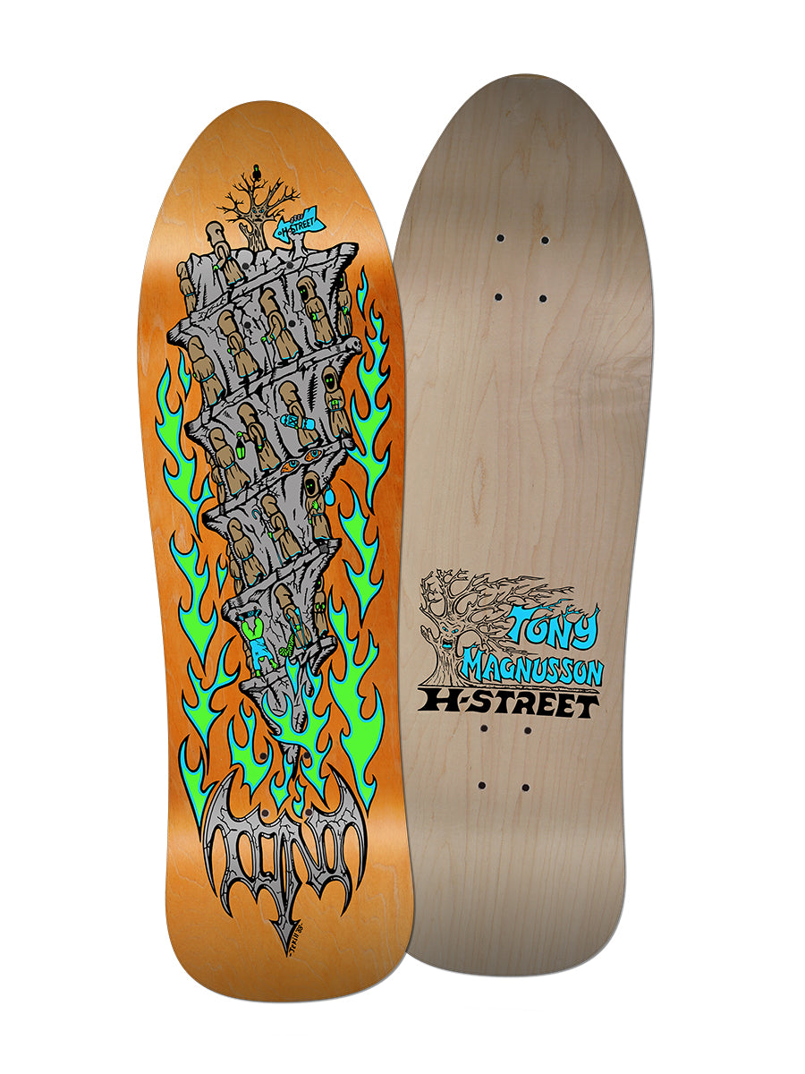 Perfect Skateboarding's T-MAG GOING TO HELL set includes a front deck with a Hell Concave design—showing a tower, skeletons, birds, and green flames—and a back deck featuring Tony Mag H-Street text with a tree illustration.