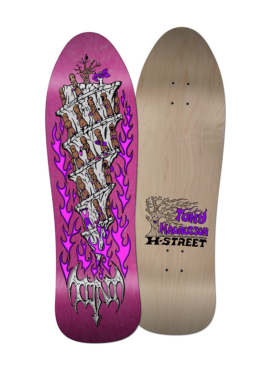 Two skateboard decks by Perfect Skateboarding: the T-MAG GOING TO HELL with a pink flaming background, cartoon skeletons on stairs, and another with a natural wood finish featuring Tony Mag H-Street text.
