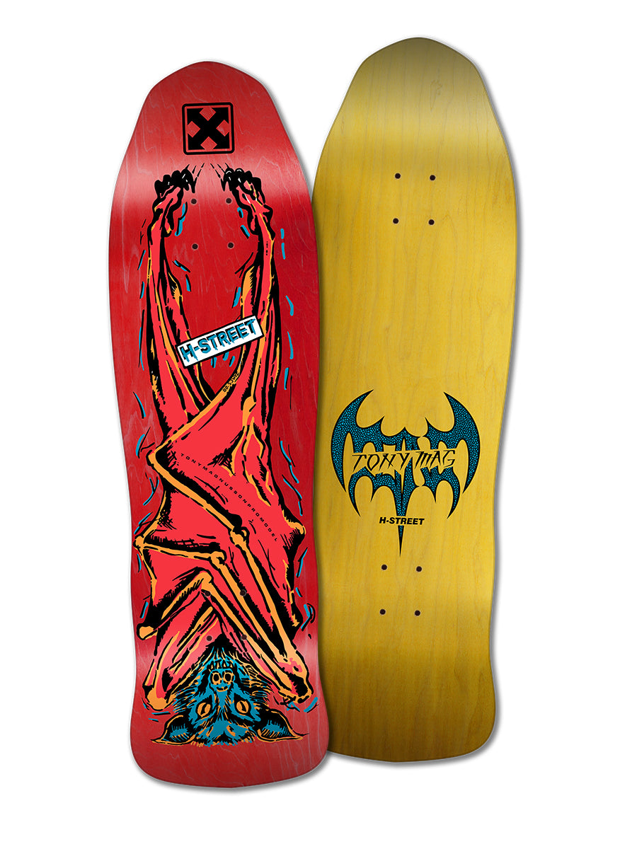 Two skateboard decks: the Woodchuck TONY MAG HELL BAT, showing a red bat creature and H-STREET text; and a plain wood deck with a bat logo and POWR MAG. Both have unique shapes and H-Street Supreme Concave.