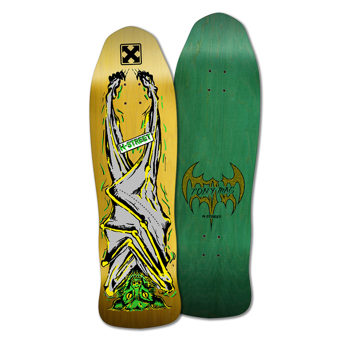 A skateboard deck with a graphic design featuring a bat hanging upside down on the bottom with the words 'H-Street' on a gold background. The top is green with the Tony Mag logo