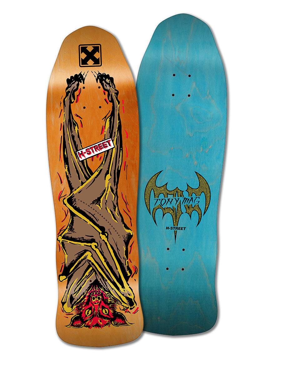 Two skateboard decks: a Woodchuck TONY MAG HELL BAT with a bat graphic and red M STREET label, and an 80s deck featuring H-Street Supreme Concave, plain blue with a bat-shaped logo and "TOXIC WASTE M STREET.