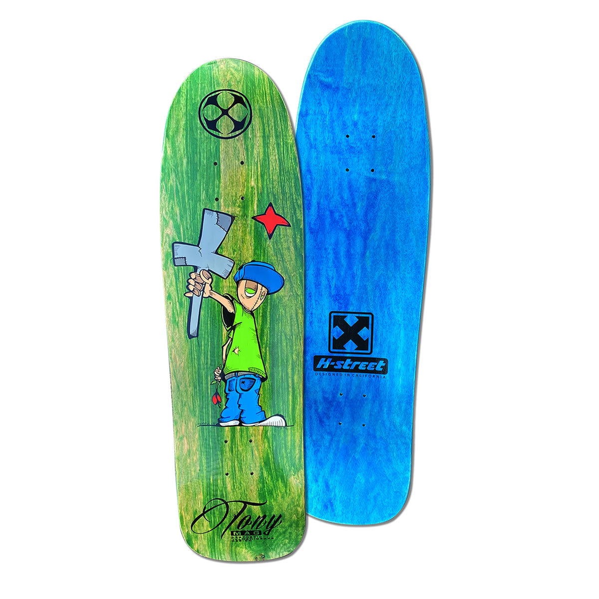 A skateboard deck with a graphic design featuring a cartoon character  holding a cross on the bottom. The bottom side is blue with the text 'HStreet'.