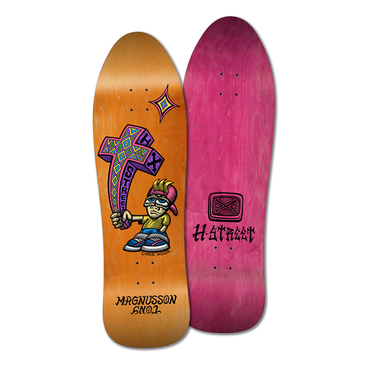 A skateboard deck with a graphic design featuring a character and the text 'H-Street', in orange and purple colors. The top of the board is red-pink with H-Steet logo.