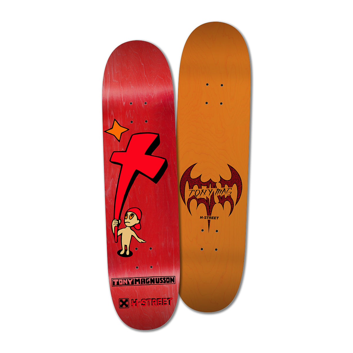 A skateboard decks, one with a red background and graphics featuring a cartoon character and star, and the other with an orange-brown background and a bat silhouette reading 'Tony Mag'.