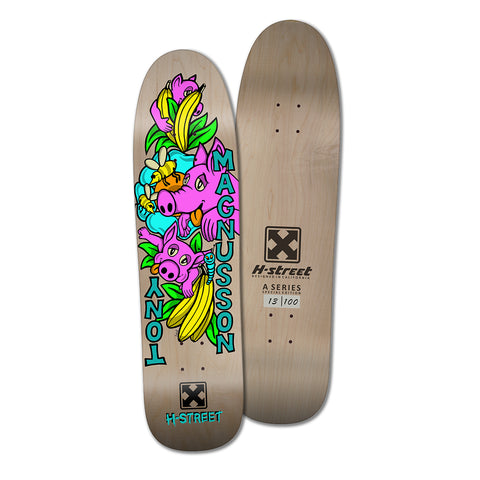 A skateboard deck with a colorful graphic of pigs and on the name 'Tony Magnusson' on the bottom, and the brand 'H-Street' and the model 'A Series' printed on the top.