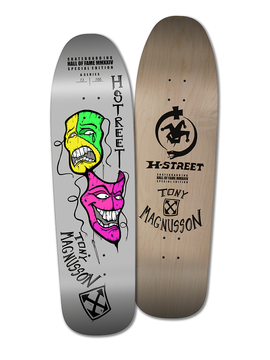The T-MAG TRAGICOMEDY MASKS SHOF SE by Woodchuck includes one handmade silk-screened Tragicomedy Masks deck and one plain wood deck with a black logo and Tony Magnusson signature—ideal for any Skateboarding Hall of Fame collector.