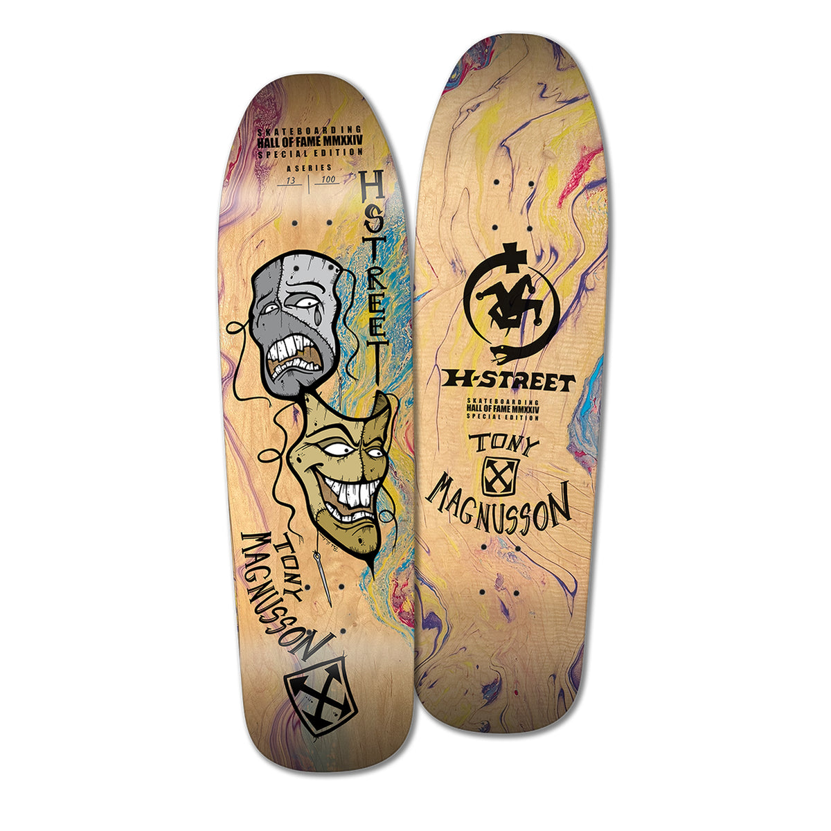 A skateboard deck with an artistic depiction of faces and the text 'H-Street' and 'Tony Magnusson' on the bottom with swirling colors in the wood grain. On the top is says 'H-Street' and 'Tony Magusson" with a logo of a joker and serpent.