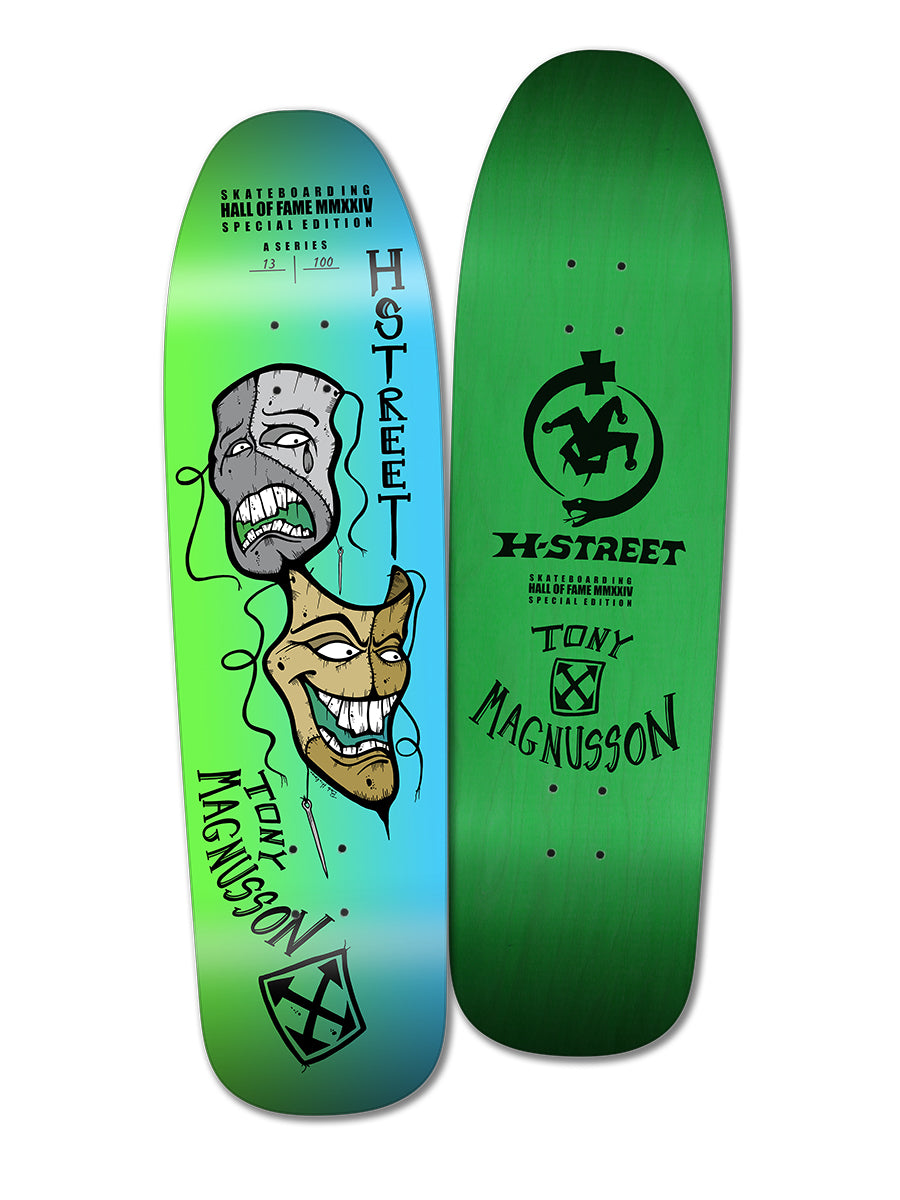 Two handmade silk-screened Woodchuck T-MAG TRAGICOMEDY MASKS SHOF SE decks: left—blue-green gradient with cartoon Tragicomedy Masks, "H-Street," "Tony Magnusson," and cross logo; right—solid green with black details.