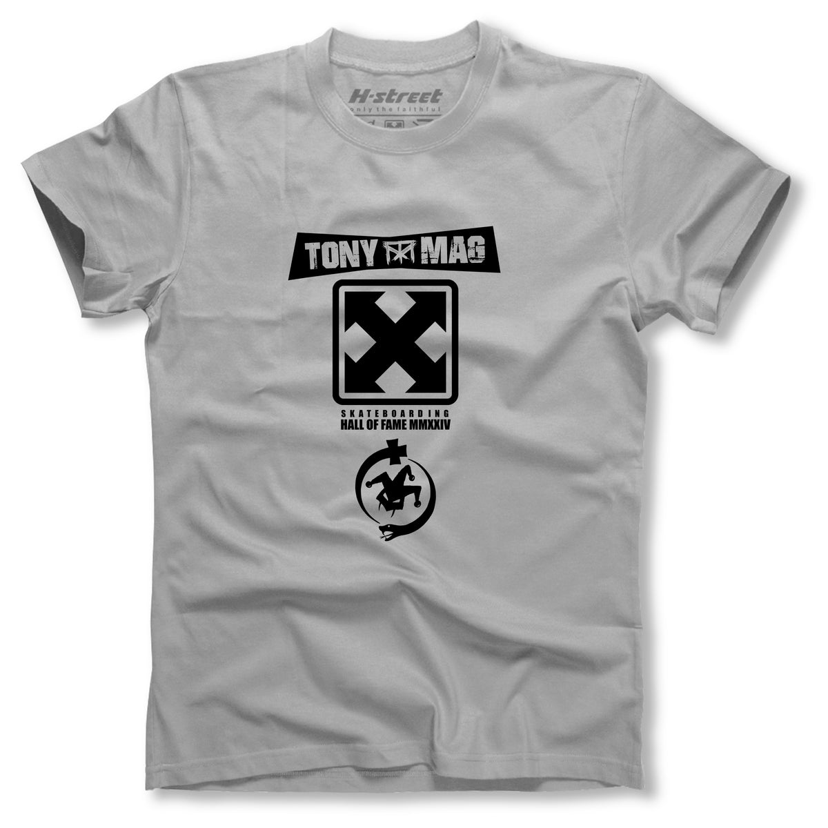 The Woodchuck TONY MAG HALL OF FAME SPECIAL EDITION PACKAGE includes a light gray tee with bold black “TONY MAS” text and X graphic, plus “Skateboarding Hall of Fame MMXIV”—a must-have for special edition deck collectors.