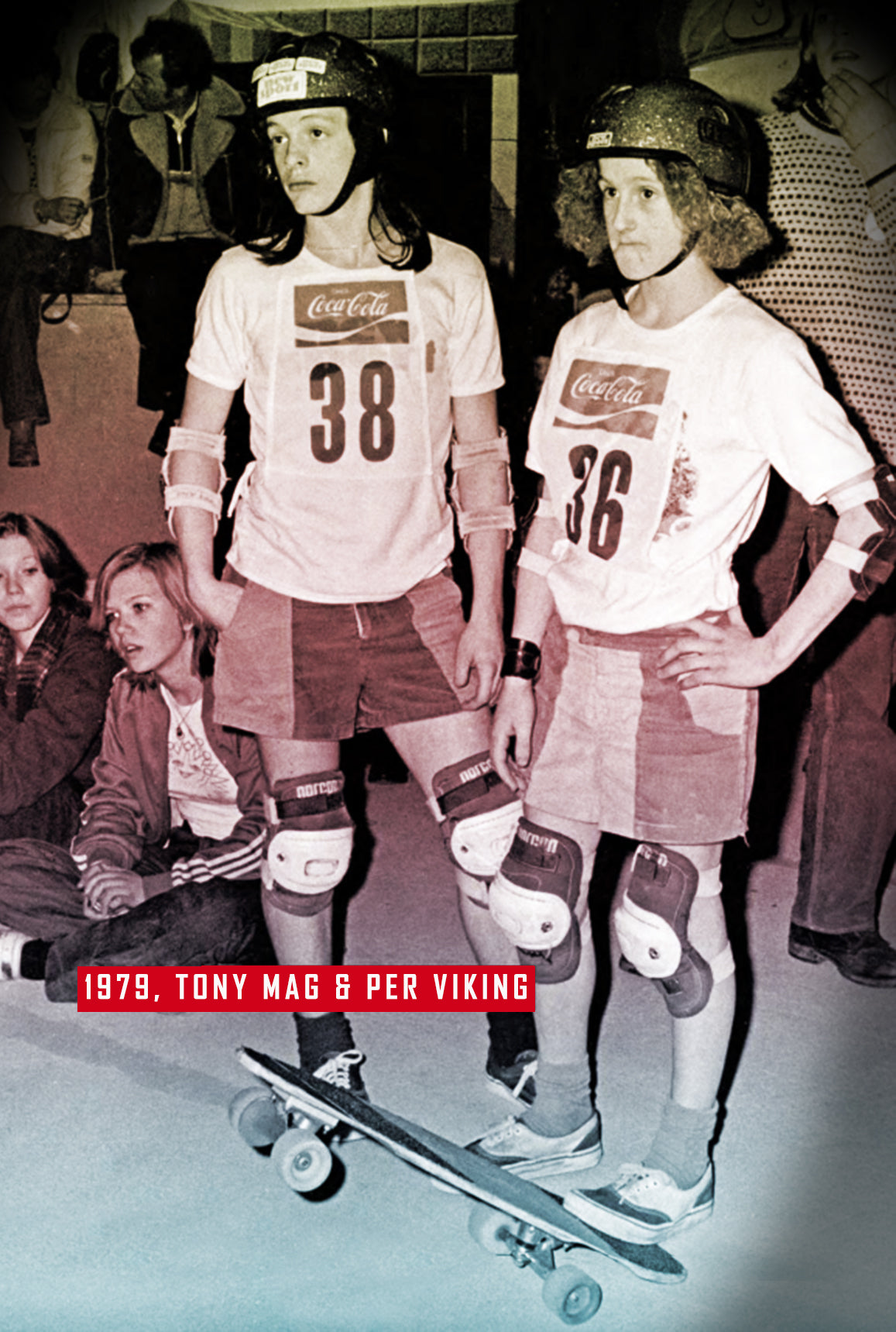 Two young skateboarders in helmets and pads, wearing matching Coca-Cola shirts numbered 38 and 36, stand by a skateboard indoors. Text: 1979—Tony Mag & Per Viking, future Hall of Famers. Woodchuck PER VIKING HALL OF FAME SPECIAL EDITION PACKAGE.