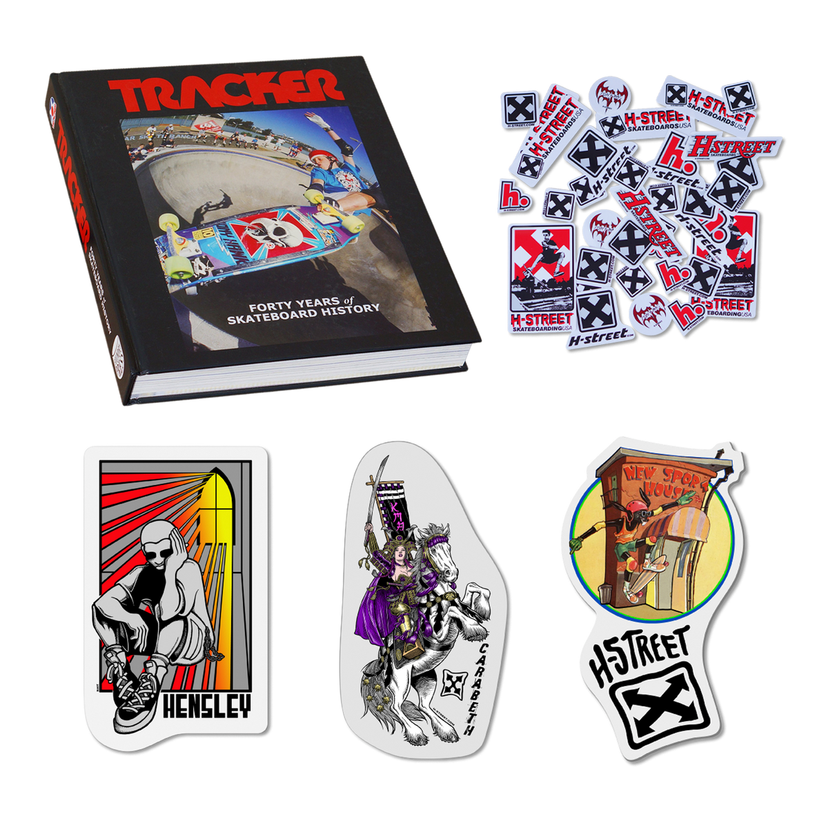 Compilation image including the book "Tracker - Forty Years of Skateboard History' along with three custom decals stickers and a collection of H-Street branded stickers.