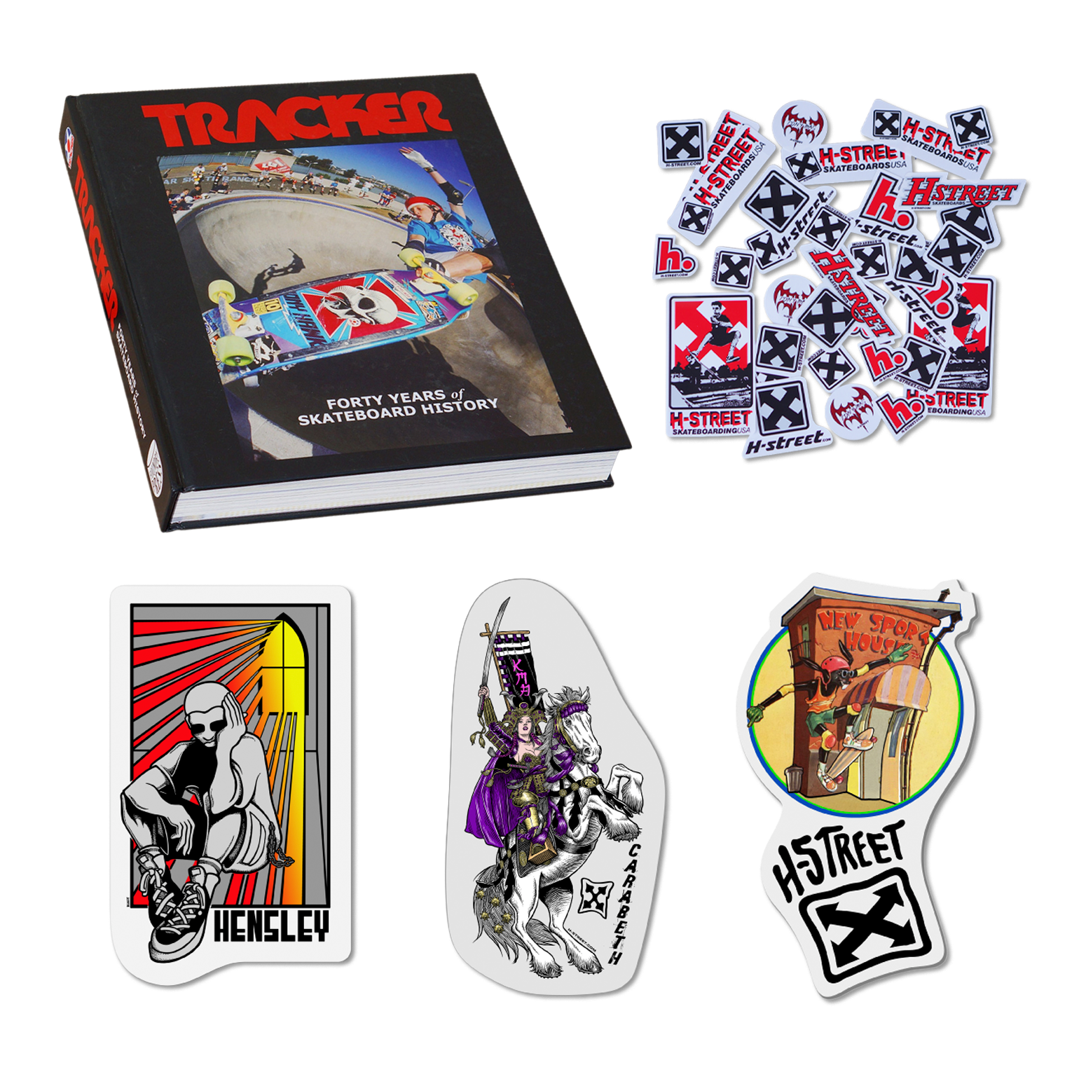 Compilation image including the book "Tracker - Forty Years of Skateboard History' along with three custom decals stickers and a collection of H-Street branded stickers.