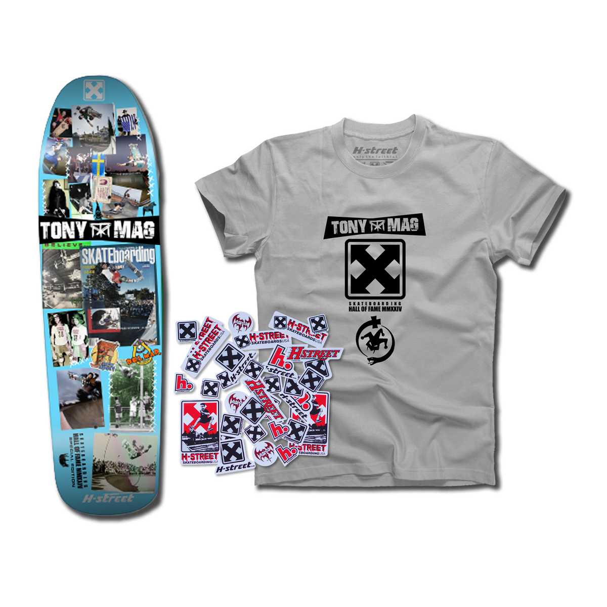 The bottom of a Tony Mag Hall of Fame deck in with a blue bottom covered in photos. Next to it is a grey t-shirt with the TonyxMag logo on the front. There's a collection of H-Street themed stickers.