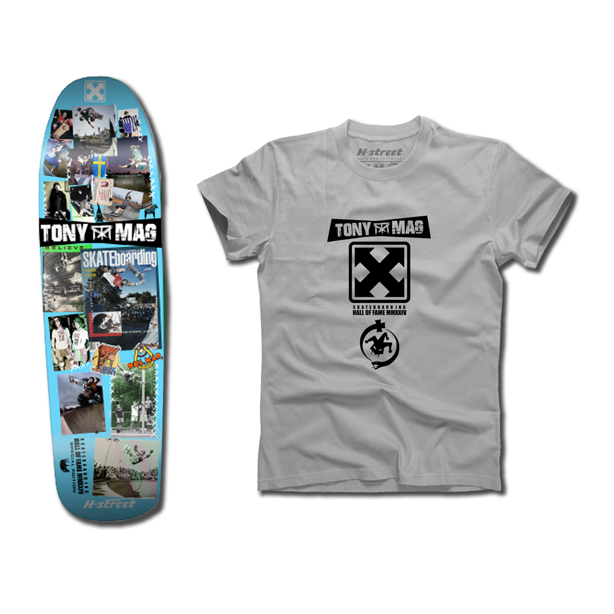 The bottom of a Tony Mag Hall of Fame deck in with a blue bottom covered in photos. Next to it is a grey t-shirt with the TonyxMag logo on the front.