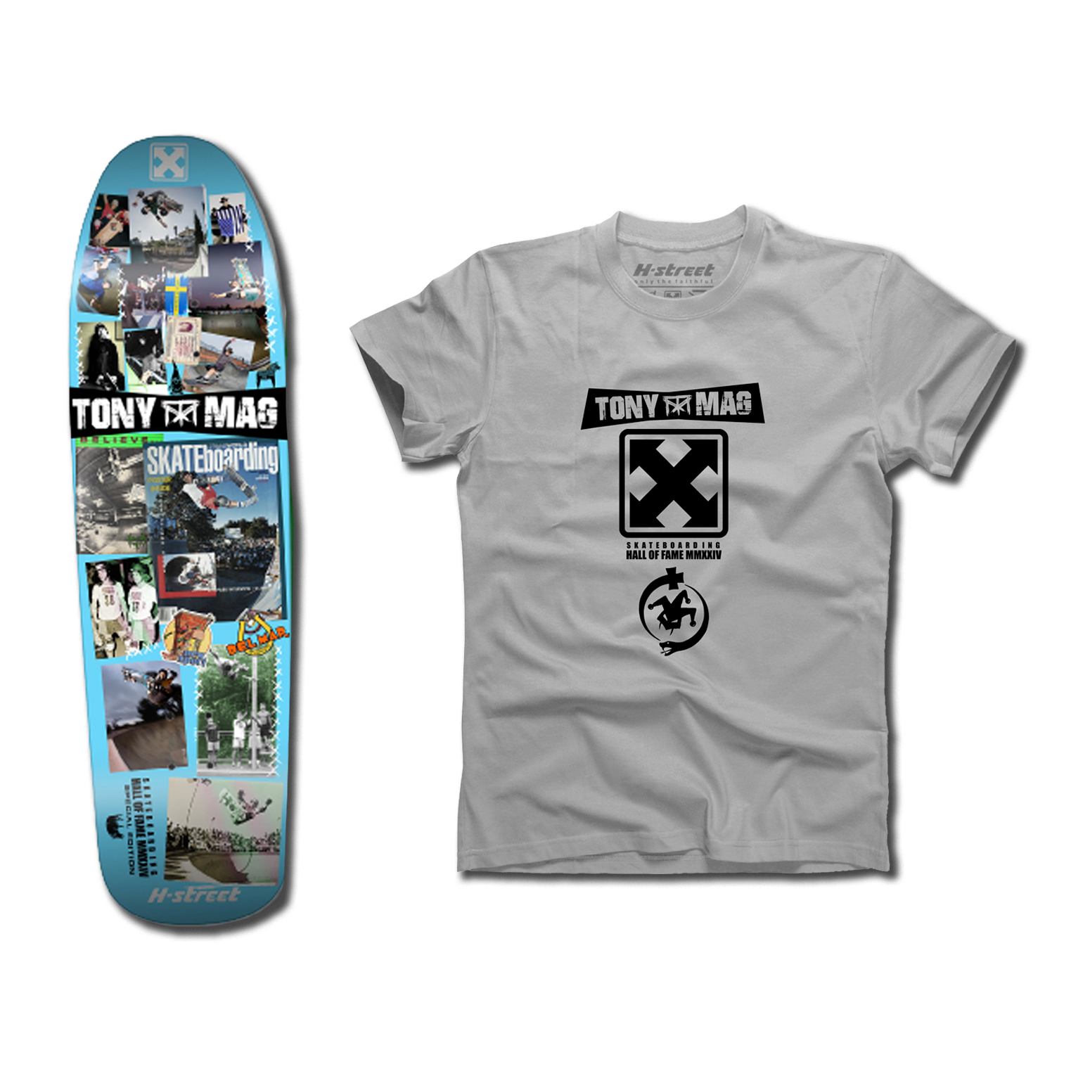 The bottom of a Tony Mag Hall of Fame deck in with a blue bottom covered in photos. Next to it is a grey t-shirt with the TonyxMag logo on the front.