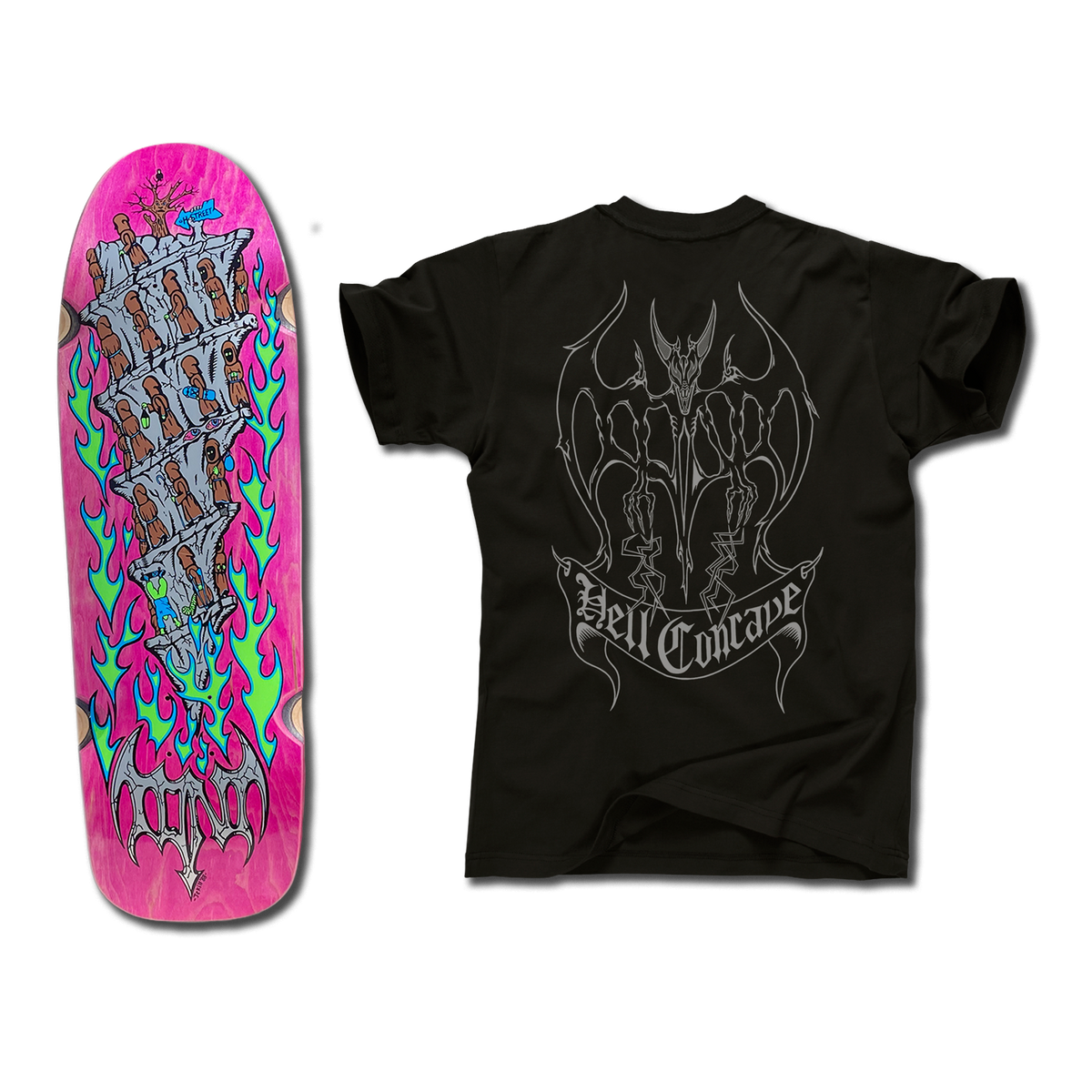 The bottom of a Tony Mag Hell Concave deck with an illustrated bottom in Pink, green, blue and grey. The black t-shirt next to it has an illustrated grey outline demon and Hell Concave lettering on the back.