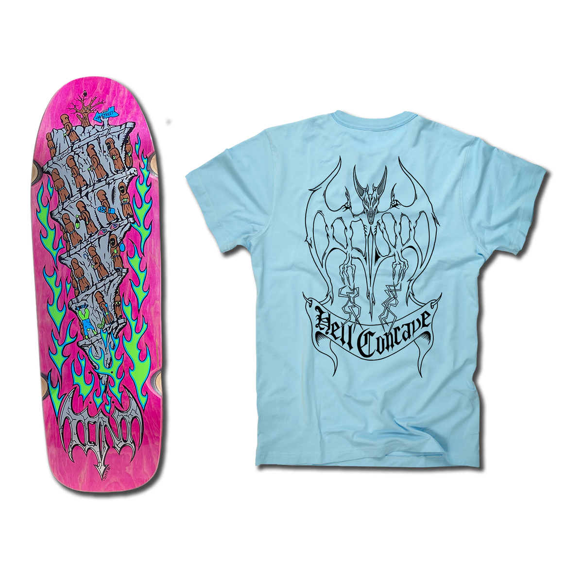 The bottom of a Tony Mag Hell Concave deck with an illustrated bottom in Pink, green, blue and grey. The blue t-shirt next to it has an illustrated black outline demon and Hell Concave lettering on the back.
