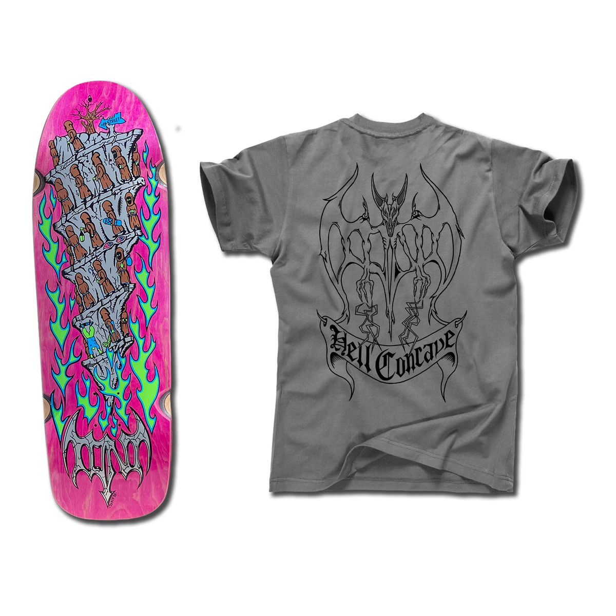 The bottom of a Tony Mag Hell Concave deck with an illustrated bottom in Pink, green, blue and grey. The grey t-shirt next to it has an illustrated black outline demon and Hell Concave lettering on the back.