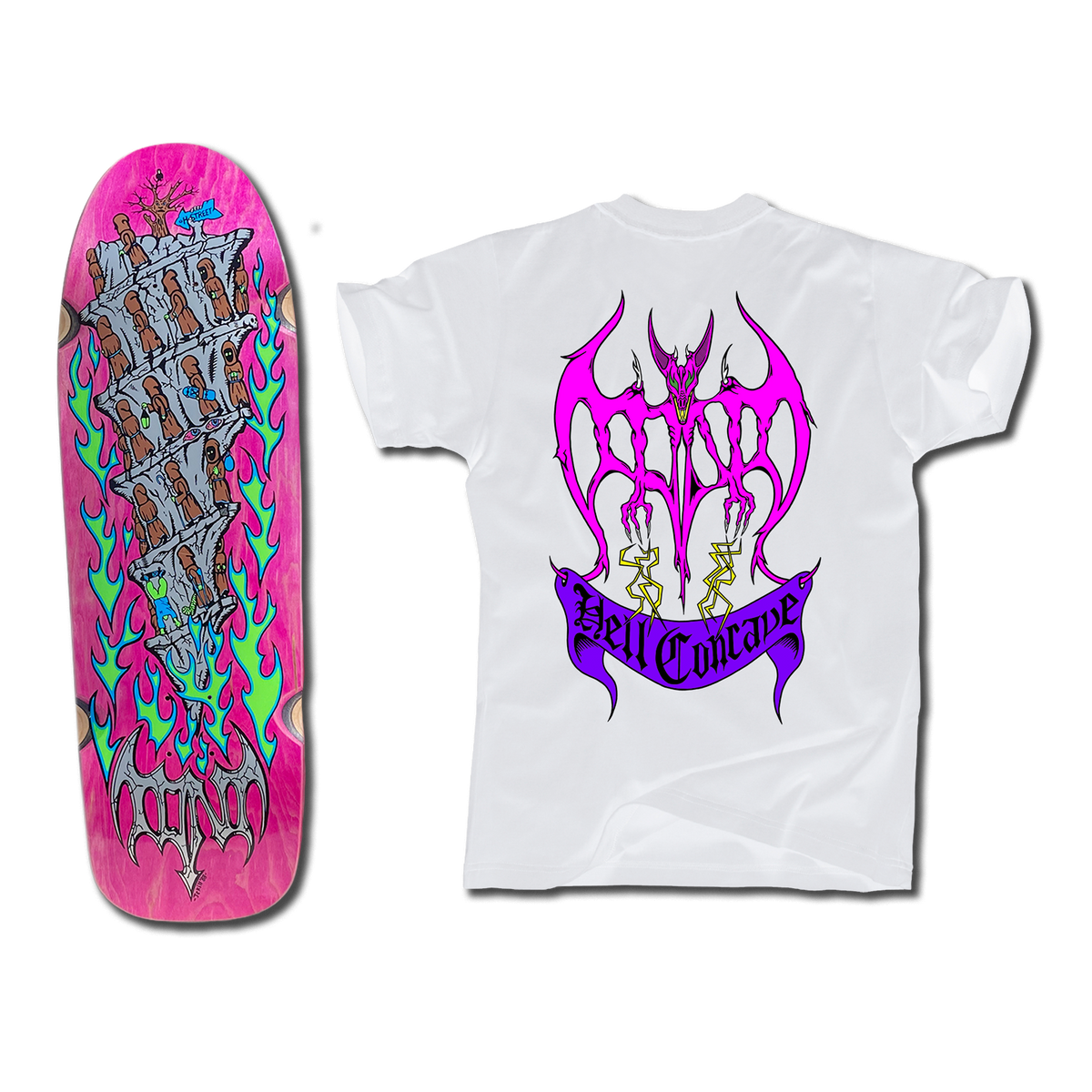 The bottom of a Tony Mag Hell Concave deck with an illustrated bottom in Pink, green, blue and grey.