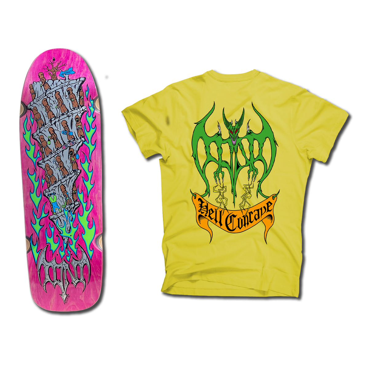 The bottom of a Tony Mag Hell Concave deck with an illustrated bottom in Pink, green, blue and grey.  The yellow t-shirt next to it has an illustrated green demon and Hell Concave lettering on the back.