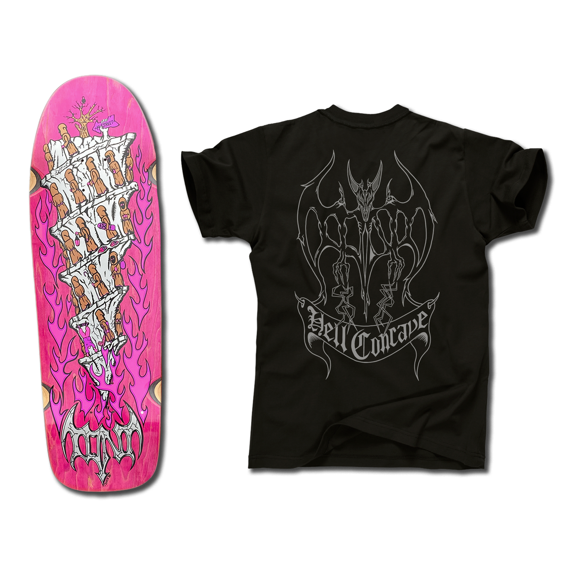 The bottom of a Tony Mag Hell Concave deck with an illustrated bottom in pink and white. The black t-shirt next to it has an illustrated grey outline demon and Hell Concave lettering on the back.