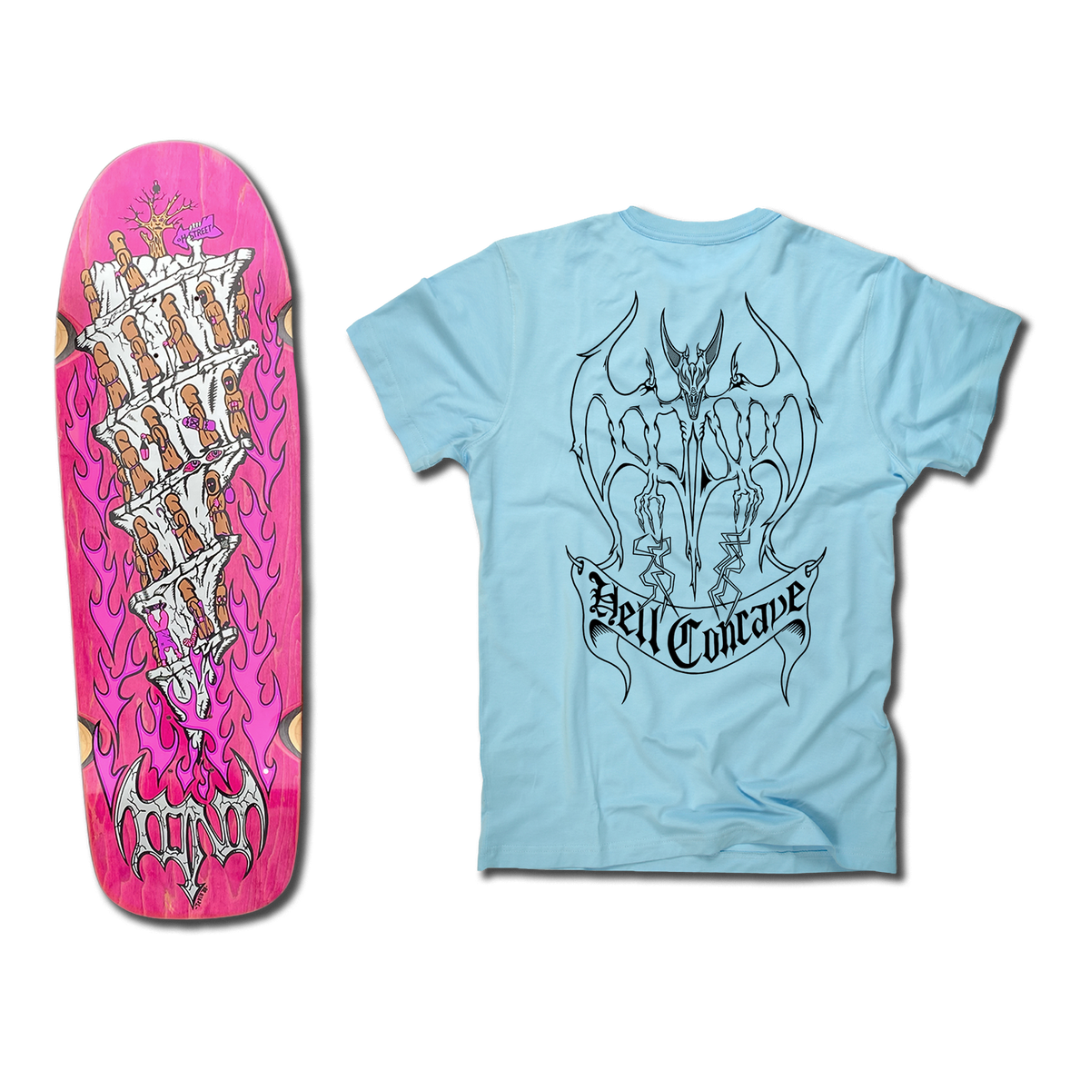 The bottom of a Tony Mag Hell Concave deck with an illustrated bottom in pink and white. The blue t-shirt next to it has an illustrated black outline demon and Hell Concave lettering on the back.