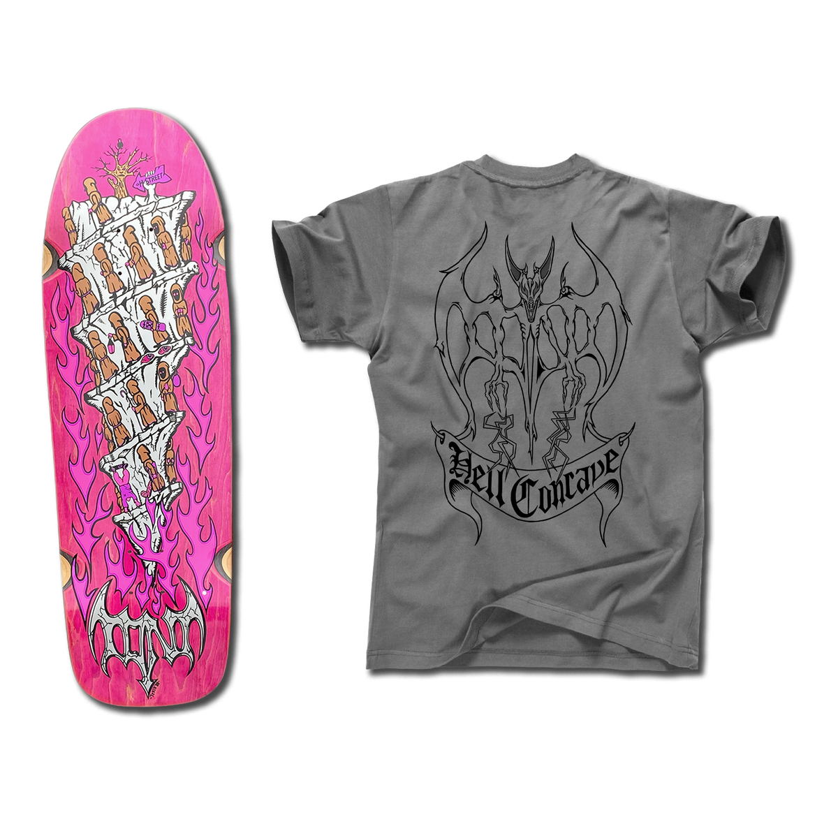 The bottom of a Tony Mag Hell Concave deck with an illustrated bottom in pink and white. The grey t-shirt next to it has an illustrated black outline demon and Hell Concave lettering on the back.
