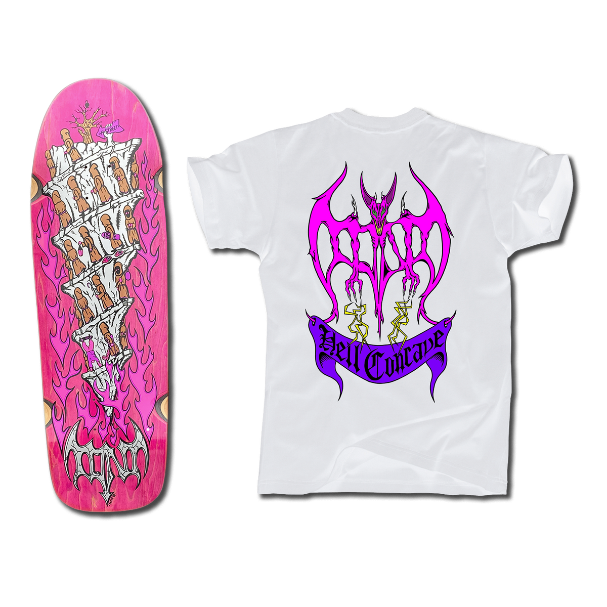 The bottom of a Tony Mag Hell Concave deck with an illustrated bottom in pink and white.