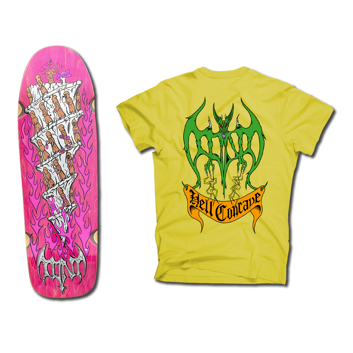 The bottom of a Tony Mag Hell Concave deck with an illustrated bottom in pink and white.  The yellow t-shirt next to it has an illustrated green demon and Hell Concave lettering on the back.