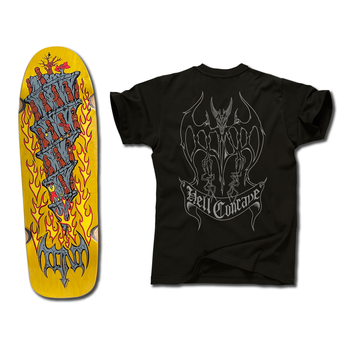 The bottom of a Tony Mag Hell Concave deck with an illustrated bottom in yellow, gray, and red. The black t-shirt next to it has an illustrated grey outline demon and Hell Concave lettering on the back.