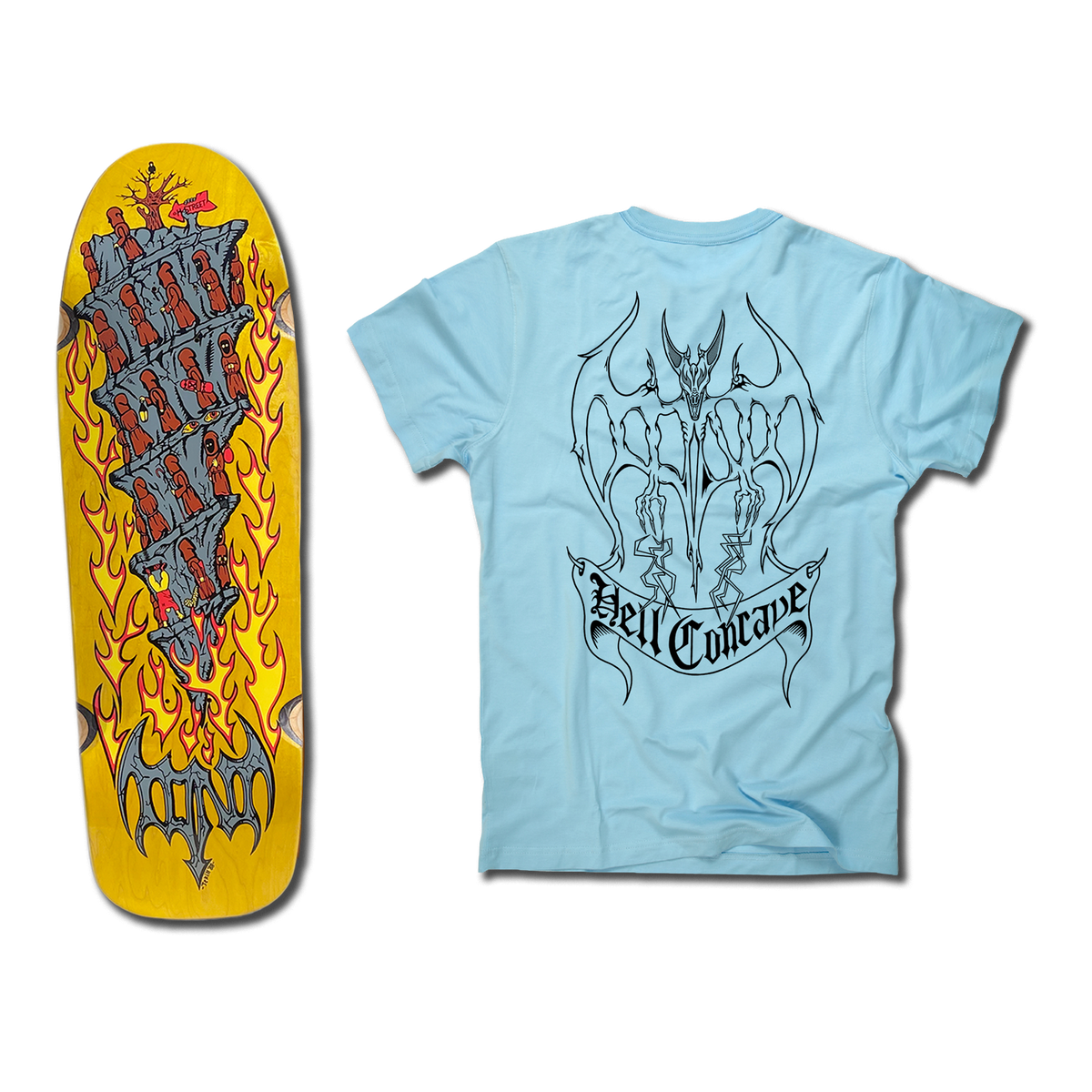 The bottom of a Tony Mag Hell Concave deck with an illustrated bottom in yellow, gray, and red. The blue t-shirt next to it has an illustrated black outline demon and Hell Concave lettering on the back.