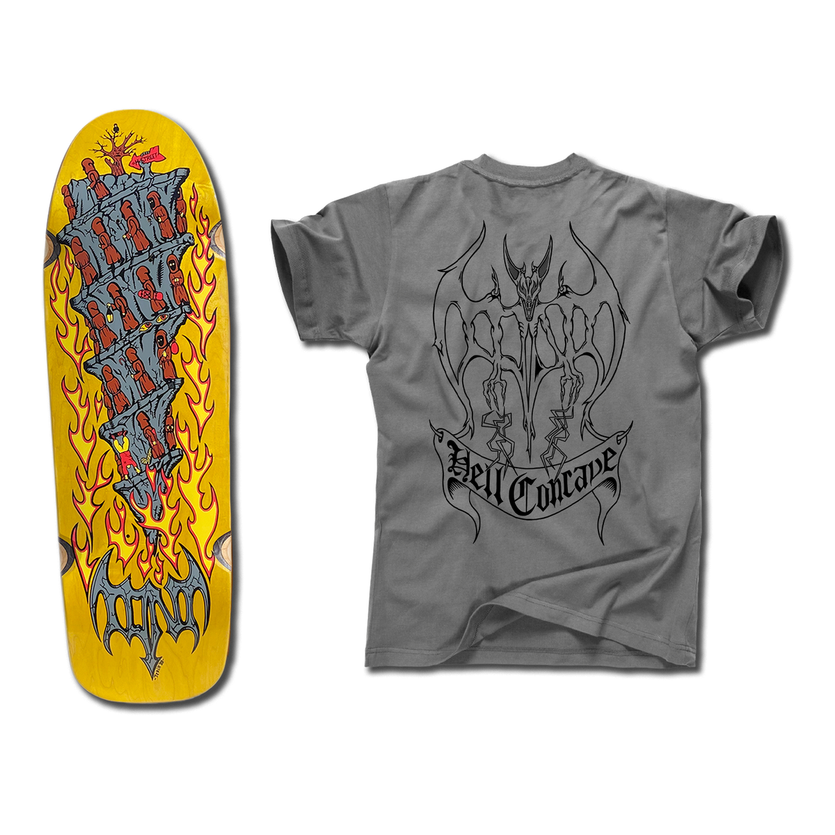 The bottom of a Tony Mag Hell Concave deck with an illustrated bottom in yellow, gray, and red. The grey t-shirt next to it has an illustrated black outline demon and Hell Concave lettering on the back.
