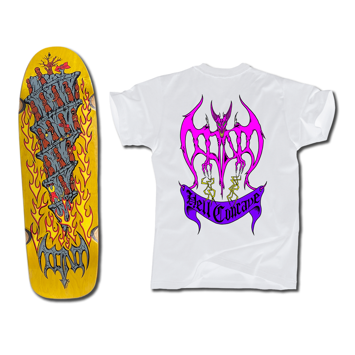 The bottom of a Tony Mag Hell Concave deck with an illustrated bottom in yellow, gray, and red. The white t-shirt next to it has an illustrated demon and Hell Concave lettering on the back in pink and purple.