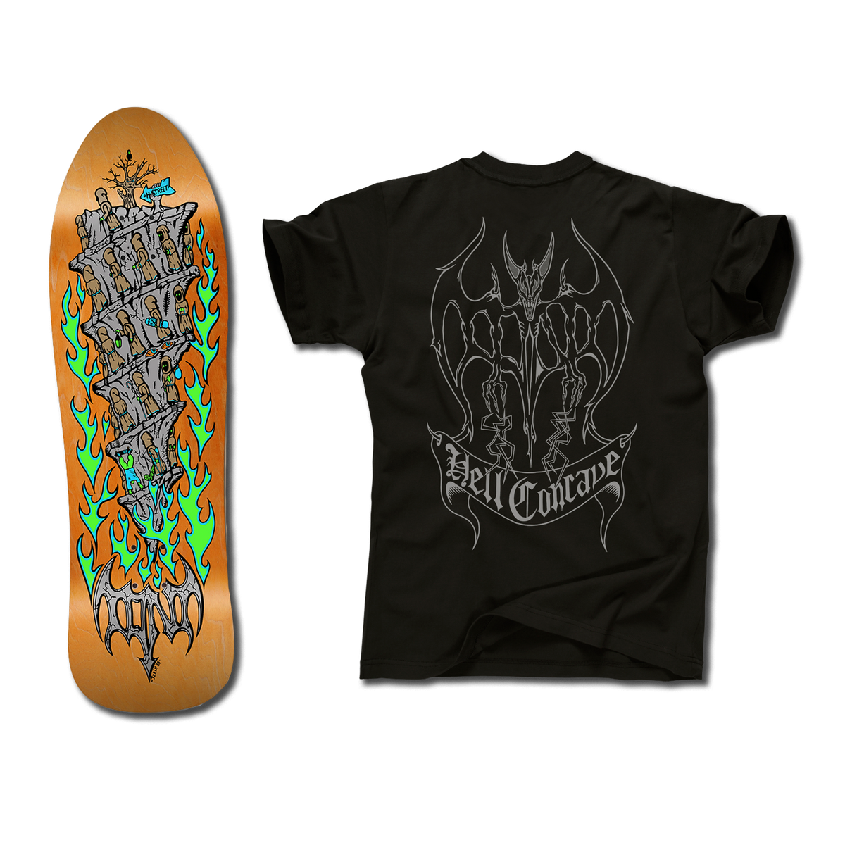The bottom of a Tony Mag Hell Concave deck with an illustrated bottom in orange, grey, green, and blue. The black t-shirt next to it has an illustrated grey outline demon and Hell Concave lettering on the back.