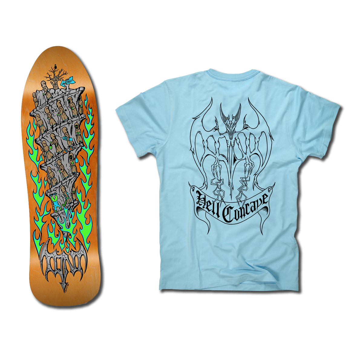 The bottom of a Tony Mag Hell Concave deck with an illustrated bottom in orange, grey, green, and blue. The blue t-shirt next to it has an illustrated black outline demon and Hell Concave lettering on the back.