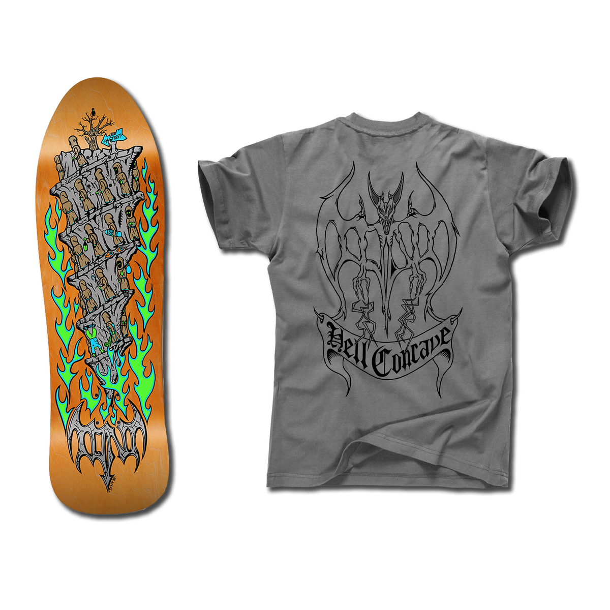The bottom of a Tony Mag Hell Concave deck with an illustrated bottom in orange, grey, green, and blue. The grey t-shirt next to it has an illustrated black outline demon and Hell Concave lettering on the back.