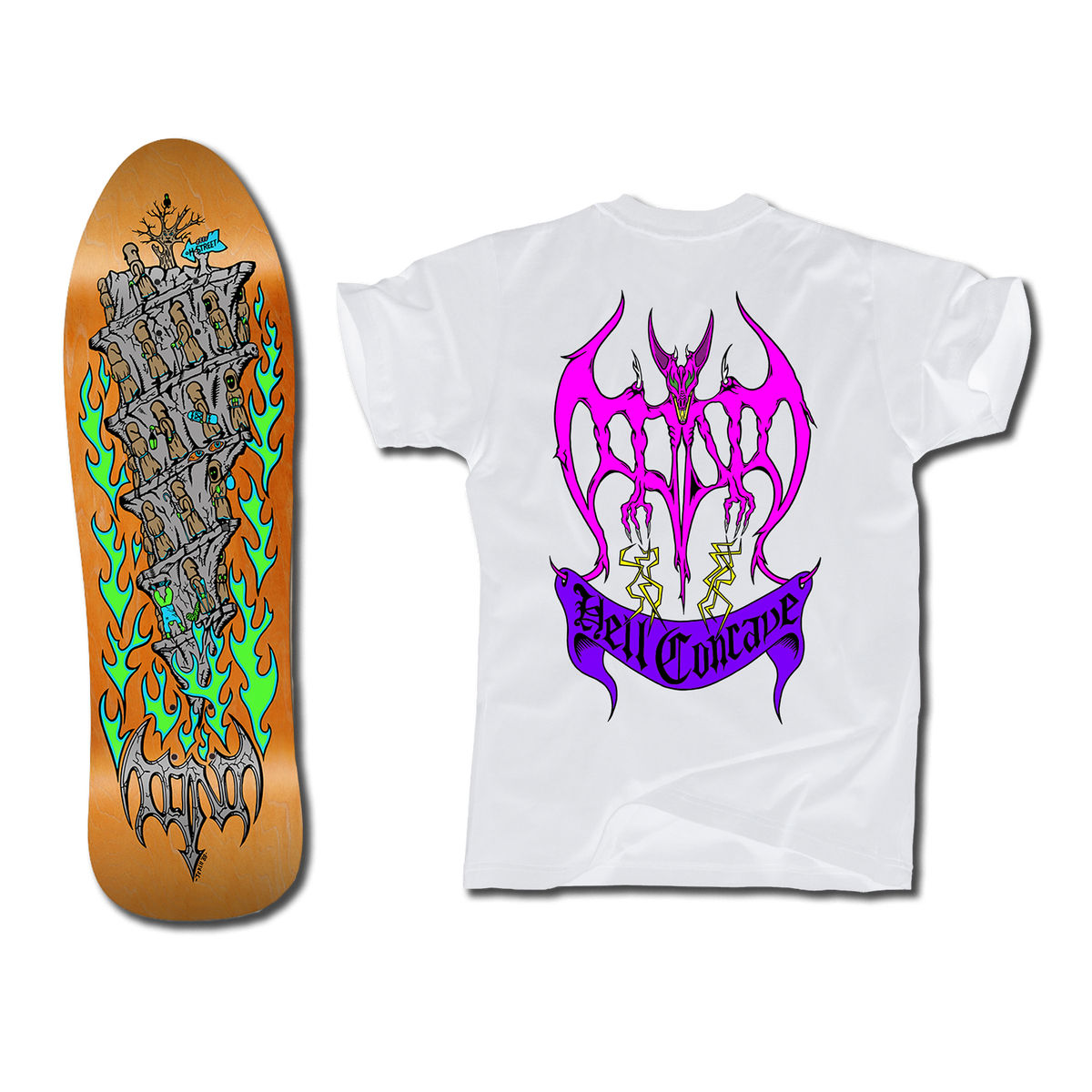 The bottom of a Tony Mag Hell Concave deck with an illustrated bottom in orange, grey, green, and blue.