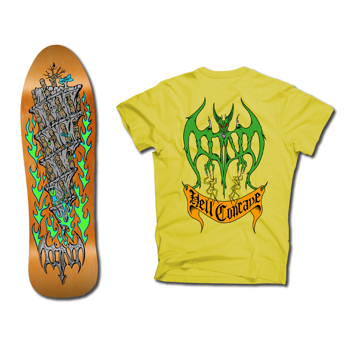 The bottom of a Tony Mag Hell Concave deck with an illustrated bottom in orange, grey, green, and blue.  The yellow t-shirt next to it has an illustrated green demon and Hell Concave lettering on the back.