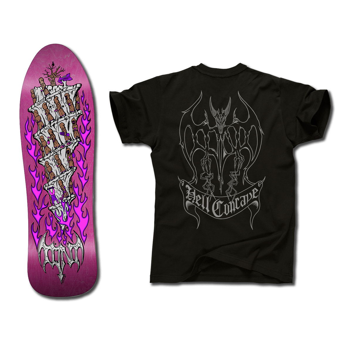 The bottom of a Tony Mag Hell Concave deck with an illustrated bottom in pink and white. The black t-shirt next to it has an illustrated grey outline demon and Hell Concave lettering on the back.